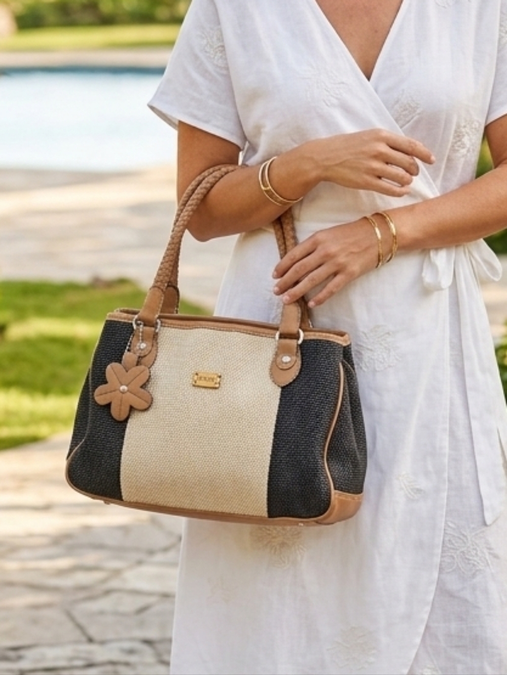 Relic Woven Satchel Purse Handbag w/ Flower Charm Boho Summer Bag
